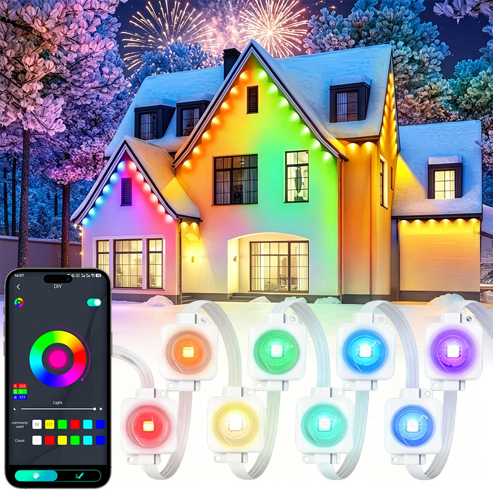 Smart Home Yellow - 150FT 90LED Smart RGBIC Permanente Außen-Dachrinnenbeleuchtung